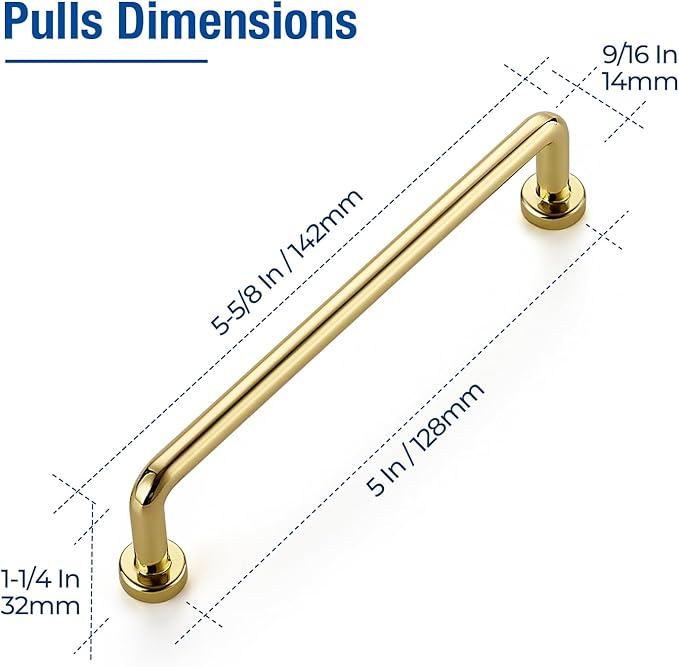 JOY DECOR Cabinet Pulls – 5 Inch Hole Center, Polished Brass, 5 Pack, Zinc Alloy Cabinet Handles for Drawers & Cupboard – Vintage Style Hardware for Kitchen, Bathroom, Dresser, Furniture Makeover