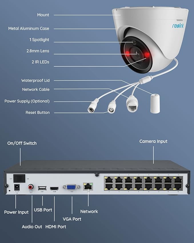 REOLINK 12MP PoE Security Camera System, 8pcs H.265 12MP Security Cameras, Person Vehicle Pet Detection, Two-Way Talk, Spotlights Color Night Vision, 16CH NVR with 4TB HDD, RLK16-1200D8-A