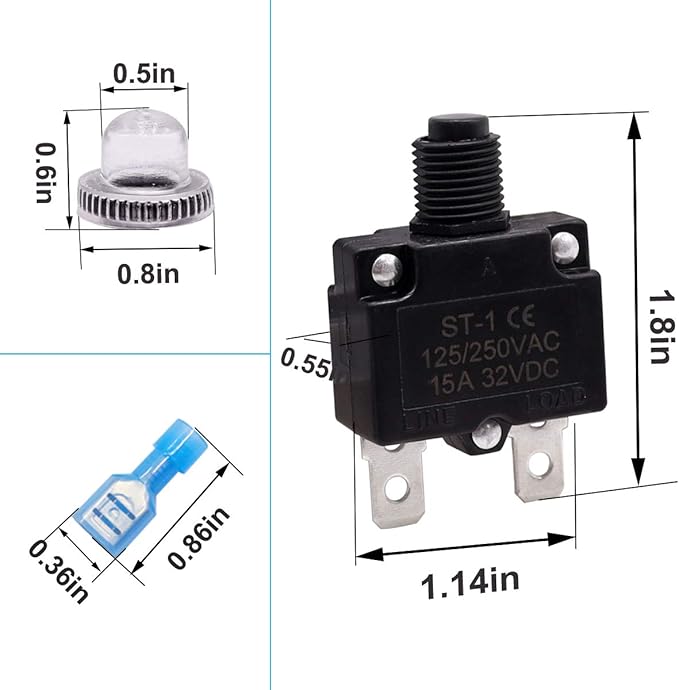 mxuteuk 5Pcs 15Amp Circuit Breakers Push Button Manual Reset 125/250V AC 32V DC,Overload Protector Switch Thermal Circuit Breakers with Quick Connect Terminals and Waterproof Button Caps ST1-5-15A