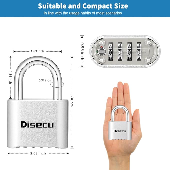 1 Pack disecu Heavy Duty 4 Digit Combination Lock, Anti-Error Feature, Outdoor WaterproofPadlock for School Gym Locker, Fence, Gate, Hasp Storage, Toolbox (Silver)