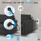 Ultra Flat Plug Surge Protector Power Strip 10 ft Cord,Long Power Strip with 4 Widely Outlets, Thin Extension Cord with 3 USB Ports(1 USB C Port),Slim Desk Charging Station,Black(2 Pack)