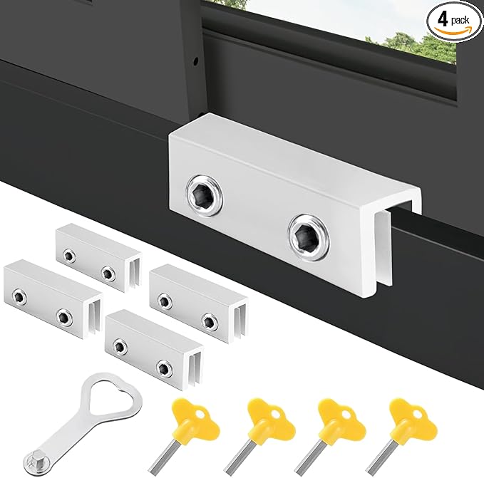 4 Sets Sliding Window Locks for Up and Down Windows with Key, Child Window Security Locks for Vertical & Horizontal Sliding Windows & Doors, Adjustable Easy to Install Window Stoppers Security