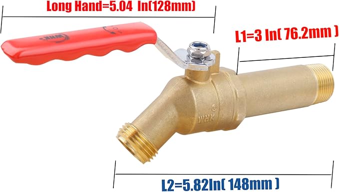 WHK Water Heater Drain Valve 3/4"MIP X 3/4" Male GHT Connection to drain or Flush Hot Water Heater Faster and Easy(Brass,3 Inch Shank with Long Handle)