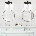 2-Light Vanity Lights, Black Bathroom Light Fixture with Striped Textured Milky White Glass Shade, Modern Vanity Lighting Fixture for Bathroom Wall Light Over Mirror, E26 Wall Sconce