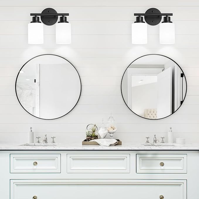 2-Light Vanity Lights, Black Bathroom Light Fixture with Striped Textured Milky White Glass Shade, Modern Vanity Lighting Fixture for Bathroom Wall Light Over Mirror, E26 Wall Sconce