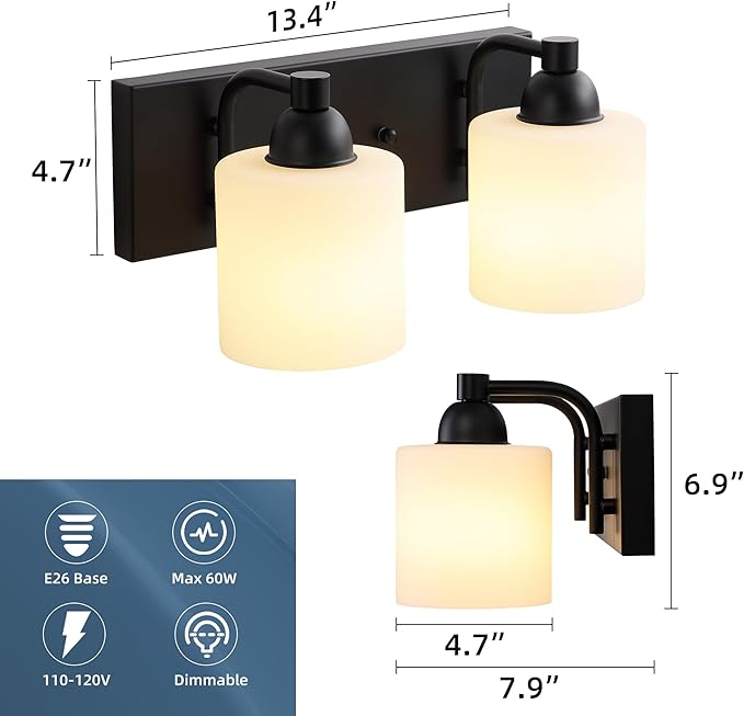 Milk Glass Vanity Lights for Bathroom, 2 Light Matte Black Bathroom Light Fixtures Over Mirror, Ceramic E26 Sockets Wall Mounted