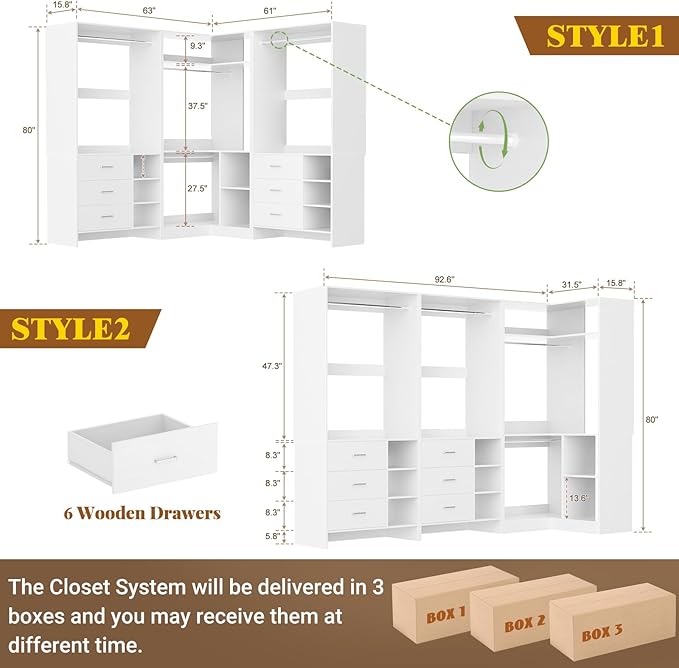 Aheaplus Closet System with 6 Drawers, 4 Hanging Rods & Corner Tower, Corner Closet System with Hanging, 92.6" L-Shaped Walk-In Wardrobe Organizer, 2000+ lbs Capacity, Set of 3, White