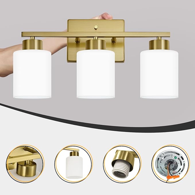 Brushed Gold Bathroom Light Fixtures, 3-Light Modern Vanity Light Over Mirror, Wall Sconces with Milky White Frosted Glass Shades, E26 Socket (Bulbs Not Included)