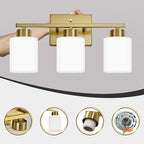 Brushed Gold Bathroom Light Fixtures, 3-Light Modern Vanity Light Over Mirror, Wall Sconces with Milky White Frosted Glass Shades, E26 Socket (Bulbs Not Included)