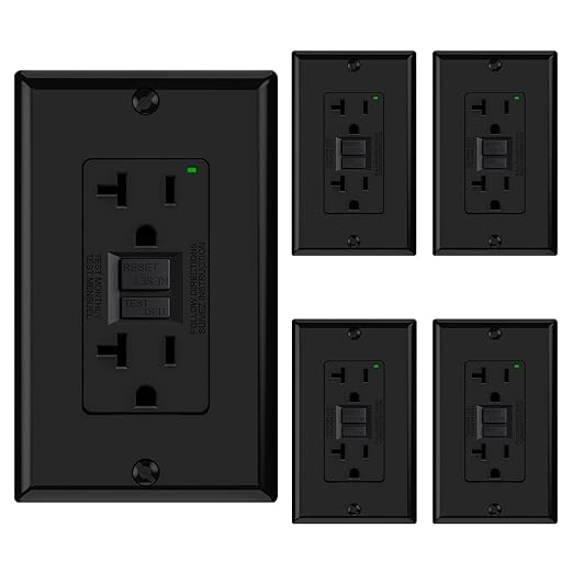 ELEGRP GFCI Outlet 20 Amp, Self-Test GFI Electrical Outlet with Narrow Design, GFCI Receptacle with LED Indicator, UL Listed, Black, Wall Plate Included, 5 Pack