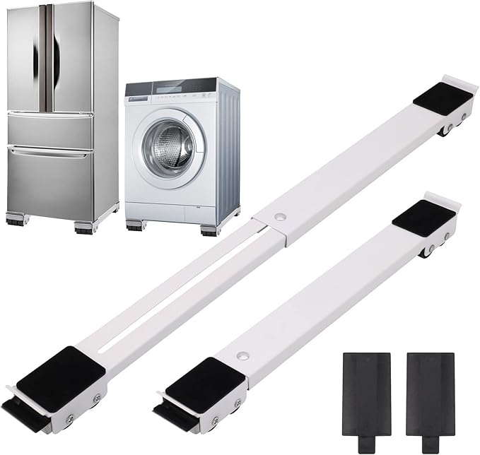 2Pcs Extendable Appliance Furniture Dolly Mobile Roller, Heavy Duty Adjustable Washing Machine Mobile Stand Base, Metal Movable Bracket for Refrigerator Washing Machine Dryers Diswashers Base, White