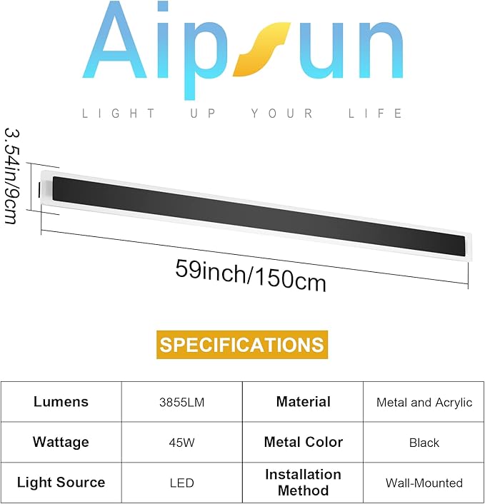 Aipsun Porch Wall Lights 59inch Long Strip Modern Outdoor Wall Light Fixture, Black Wall Mount Lighting Sconce Exterior Lights Wall Sconce 3000K for House Living Room Corridor(1 Pack)