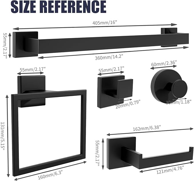 Bathroom Hardware Accessories Set: 12-Pieces Bath Towel Bar Set, Towel Racks for Bathroom Wall Mounted, SUS304 Stainless Steel, Matte Black