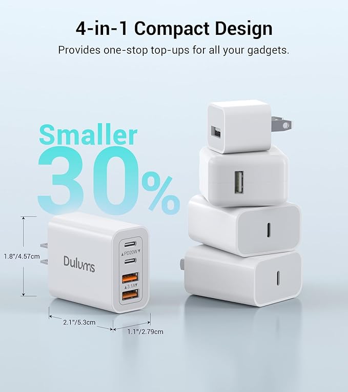 40W USB C Charger Cube, 2-Pack Wall Plug Fast Charging Block, 4-Port PD+QC Power Adapter Multiport Brick Type C Box for iPhone 17/16/15/14/13/12/11/Pro Max/XS/XR/8/7, Tablets, Cellphones