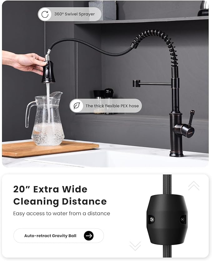 DAYONE Antique Oil Rubbed Bronze Kitchen Sink Faucet with Pull Down Sprayer, 3 Modes Stainless Steel Spring Vintage Sink Faucet for Farmhouse Kitchen Bar Camper 1 or 3 Holes Single Handle