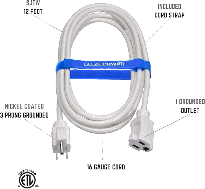 Clear Power 12 ft Indoor/Outdoor Extension Cord 16/3 SJTW, White, Water & Weather Resistant, Flame Retardant, 3 Prong Grounded Plug, CP10205