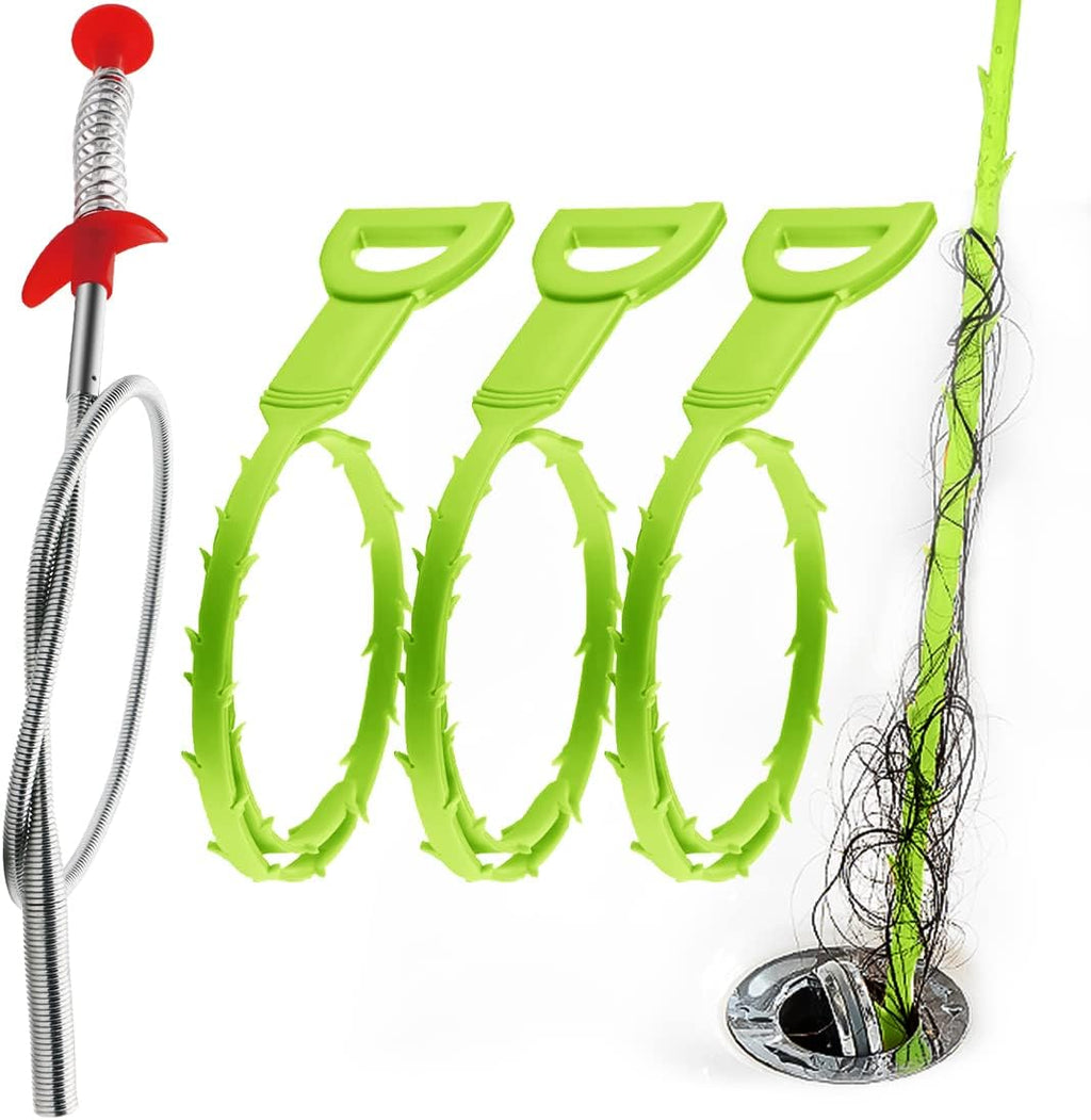 Omont Snake Drain Hair Clog Remover Tool,34 Inch Stainless Steel Claw and 3 Pack 19. 7 Inch Plastic Sink Unclogger Tool, Sink Drain Cleaner for Kitchen, Sink Bathroom, Tub Toilet Green (3+1)