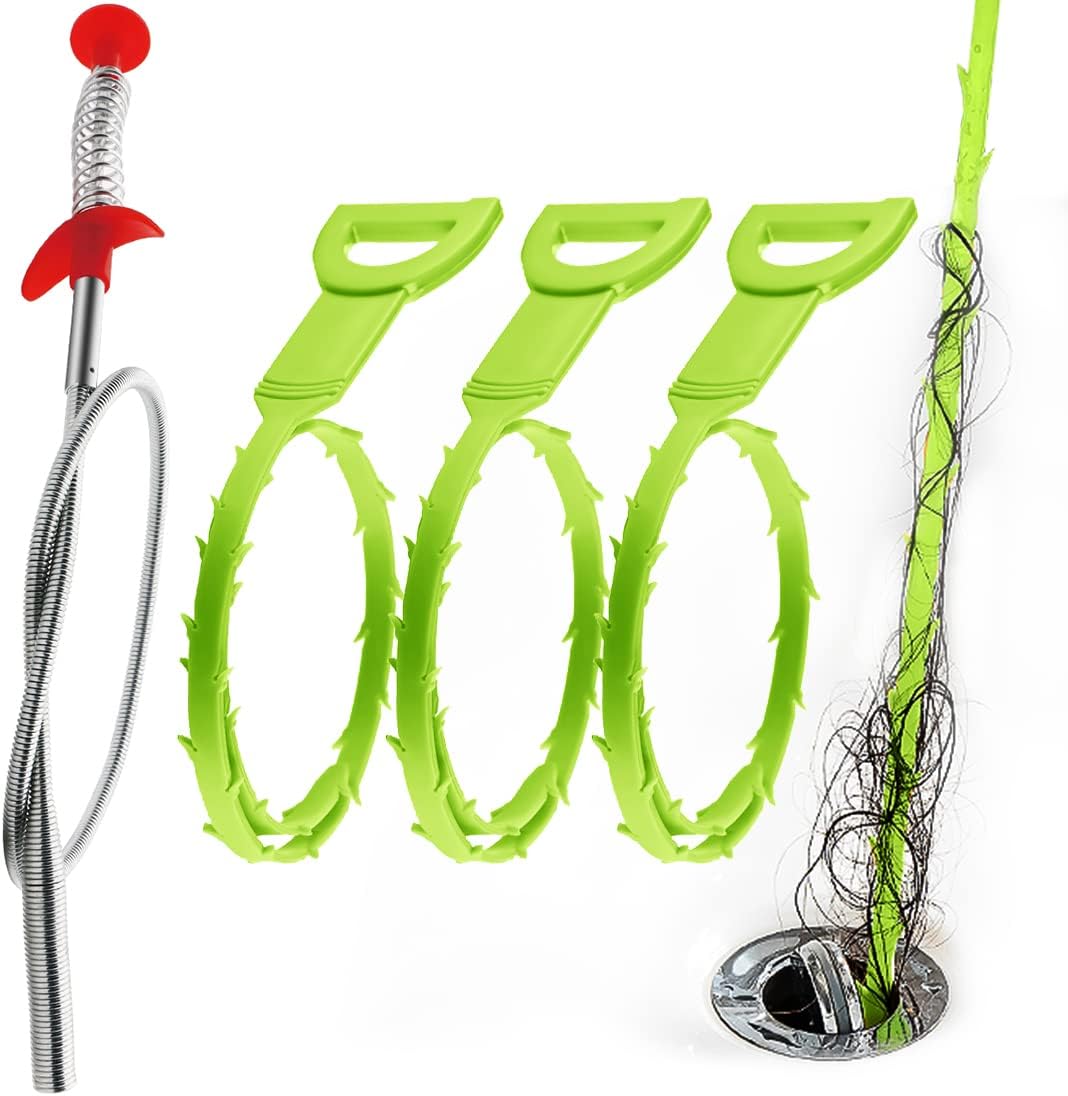 Omont Snake Drain Hair Clog Remover Tool,34 Inch Stainless Steel Claw and 3 Pack 19. 7 Inch Plastic Sink Unclogger Tool, Sink Drain Cleaner for Kitchen, Sink Bathroom, Tub Toilet Green (3+1)