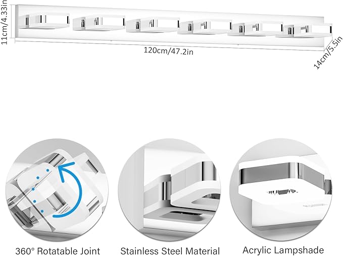 Tipace 6 Lights Chrome Bathroom Light Fixtures Modern LED Bathroom Vanity Lights Over Mirror 47.2 inch White Light 360°Rotatable
