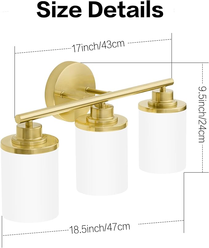 Brushed Gold Bathroom Light Fixtures, 3-Light Gold Vanity Lights with Frosted Glass Shades, Mid-Century Modern Wall Sconces for Living Room