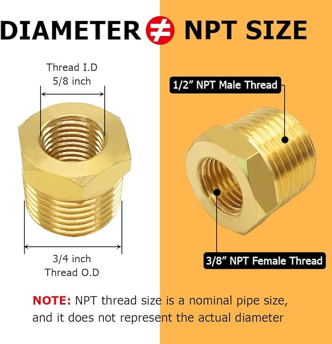 Hooshing 10PCS Brass Reducing Hex Bushing 1/2" NPT Male to 3/8" NPT Female Reducer Pipe Fitting Adapter