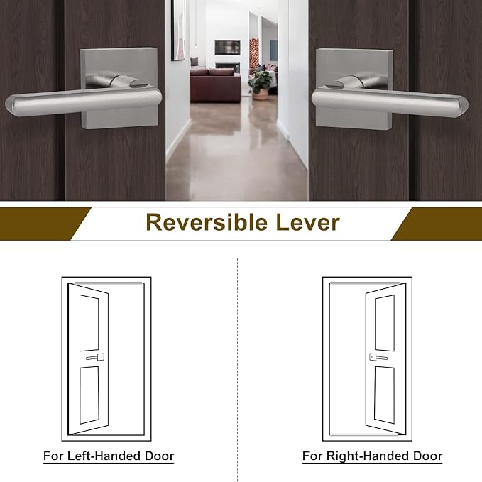HOSOM 2 Pack Interior Door Levers Passage Door Handles Heavy Duty No Locking Door Handle Set for Hallway, Closet Doors, Satin Nickel Door Handle with Square Plate