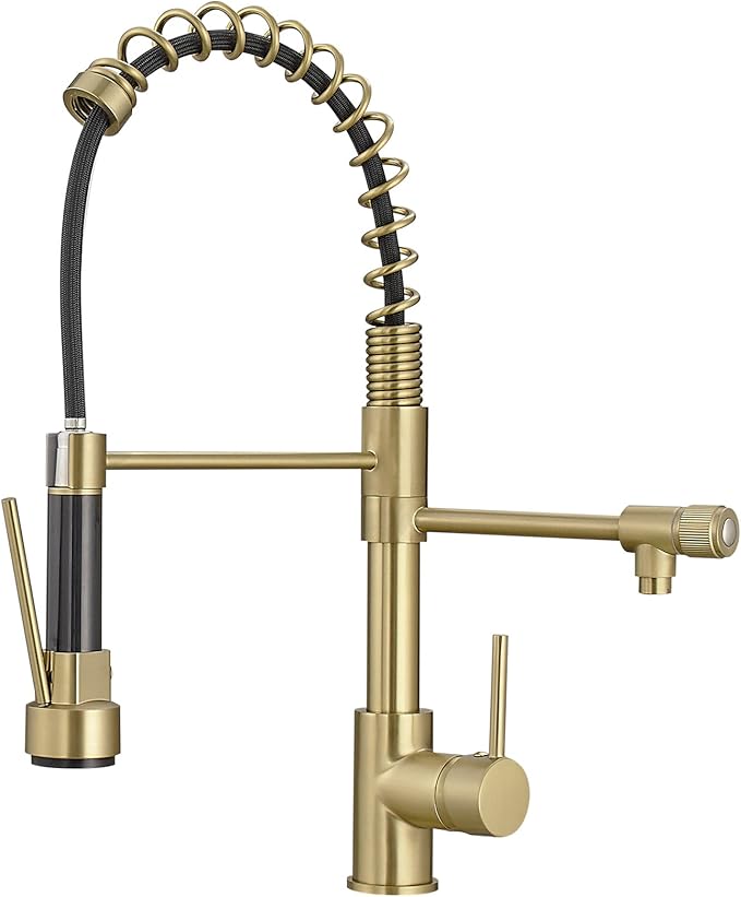 Brushed Gold Kitchen Faucet with Pull Down Sprayer, Single Handle Commercial Brass Kitchen Sink Faucets with 3 Way Drinking Kitchen Faucet, for Water Filtration System or Pot Filler Faucet in Gold