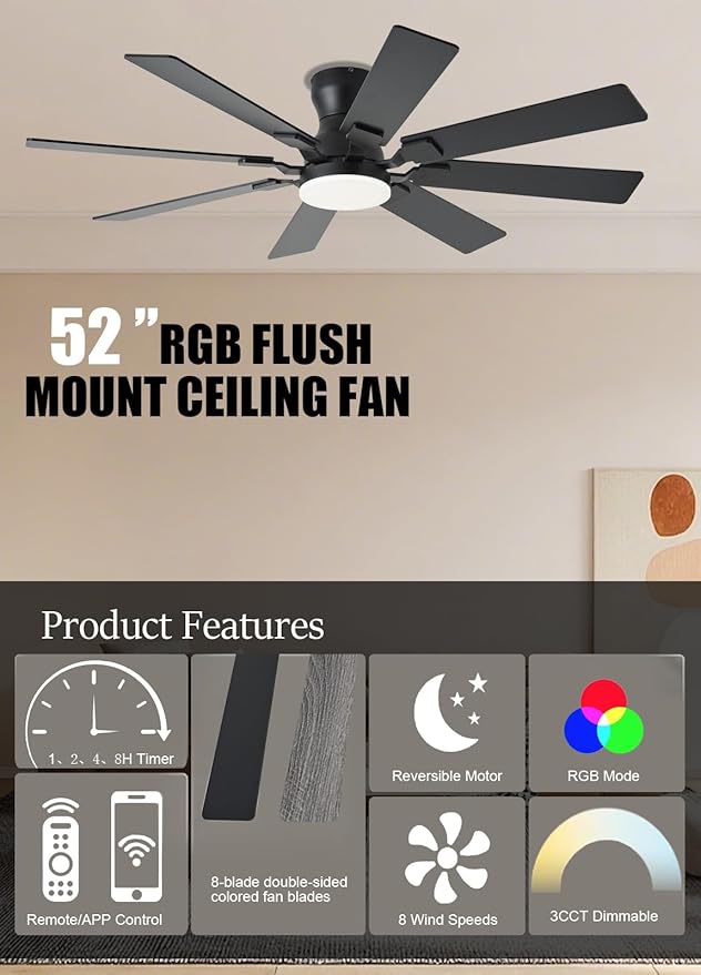 52 inch Ceiling Fan with Light, 6 Speeds Reversible Low Profile Ceiling Fan with Light and Remote/APP Control, 3 Color Temp+Dimmable RGB, 8 Blades, Flush Mount Quiet Ceiling Fans, Black