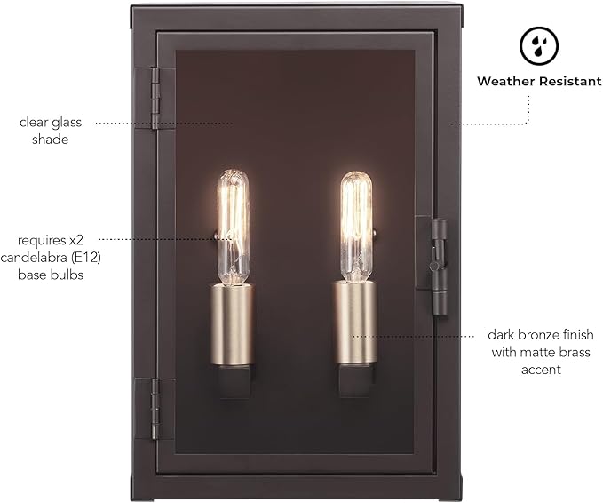 GLOBE Electric 60000131 2-Light Outdoor Wall Sconce, Dark Bronze, Matte Brass Accents, Weatherproof Glass Door Closure