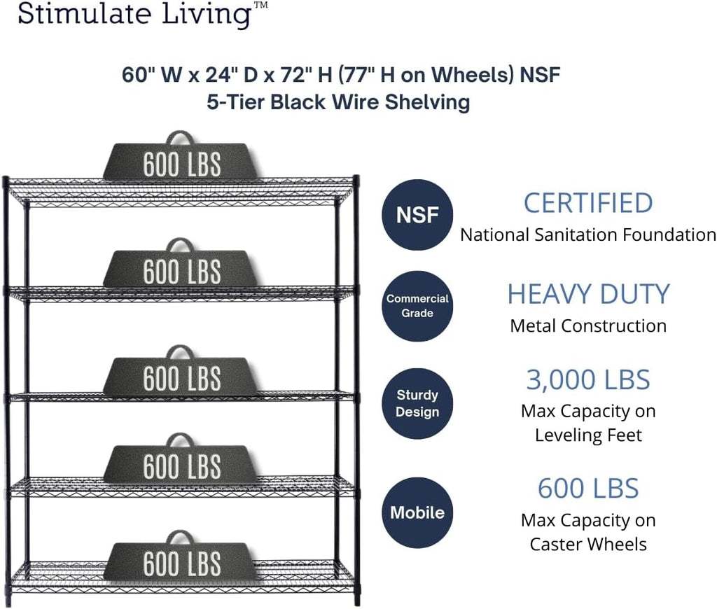 60"x24"x72" PRIME HEAVY DUTY Black 5-Tier Wire Shelving NSF 3000 LBS MAX Capacity Storage Rack for Commercial, School, Home, Garage, Warehouse, Industrial, and Hospital Uses (with Wheels)