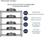 60"x24"x72" PRIME HEAVY DUTY Black 5-Tier Wire Shelving NSF 3000 LBS MAX Capacity Storage Rack for Commercial, School, Home, Garage, Warehouse, Industrial, and Hospital Uses (with Wheels)