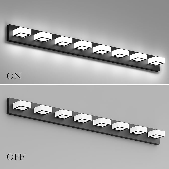 Ralbay 52inch Black Vanity Lights Fixtures 8 Lights LED Modern LED Acrylic Matte Black Vanity Lights Modern Black Bathroom Wall Lighting Over Mirror
