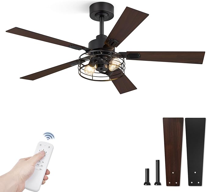 1 Pack Farmhouse 48 Inch Ceiling Fans with Lights, Black Industrial Caged Ceiling Fans for Bedroom Living Room, Double-Sided 5 Blades Rustic Ceiling Fan-Black