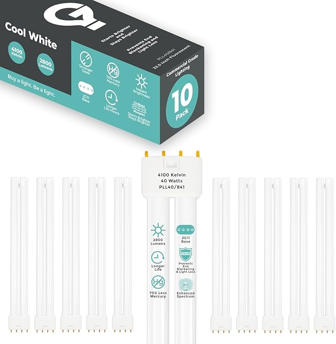GoodBulb PLL40/841 40W 22.5" Twin Tube Compact Fluorescent Light Bulb 4-pin 2G11 Base 4100K Cool White 2800 Lumen 36000 Hour Long Life Biax Pack of 10