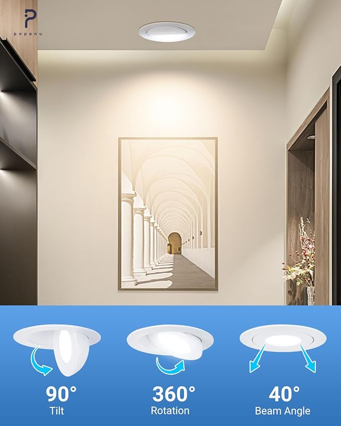 6-Inch Gimbal Recessed Light - 12W 90° Tilt & 360° Rotation, 5CCT (2700K-5000K), IC Rated LED Eyeball Recessed Lighting, for Sloped Ceilings, Soffit Light, Hallyway，Kitchens, White 6 Pack