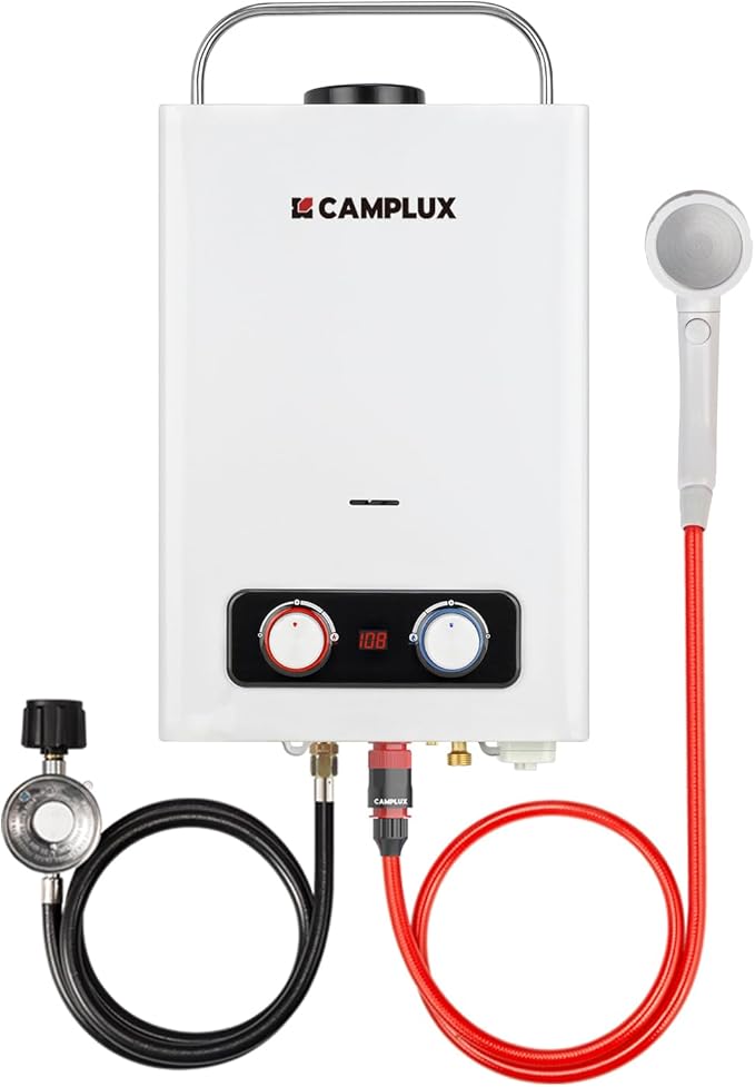 Tankless Water Heater, Camplux 1.58GPM Outdoor Propane Gas Water Heater with Portable Handle, White, 6L