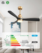 52" Modern Black and Gold Ceiling Fan with Lights and Remote, ETL Listed, 3 Downrods, 3 Wood Blade Gold Black Ceiling Fans, Reversible Quiet DC Motor, 3 Timer for Outdoor Patio Waterproof Bedroom