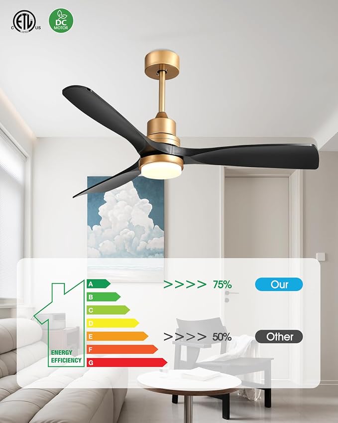 52" Modern Black and Gold Ceiling Fan with Lights and Remote, ETL Listed, 3 Downrods, 3 Wood Blade Gold Black Ceiling Fans, Reversible Quiet DC Motor, 3 Timer for Outdoor Patio Waterproof Bedroom