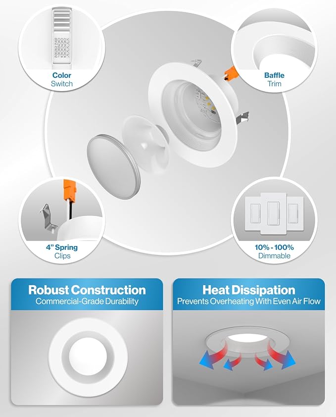 Sunco 6 Pack 4 Inch LED Recessed Lights, Retrofit Can Lighting, 660 LM, 11W (40W Equivalent), Selectable CCT 2700K/3000K/3500K/4000K/5000K, Dimmable, Baffle Trim, Replacement Conversion Kit UL