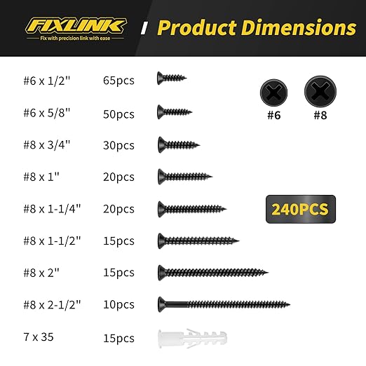 Wood Screws Assortment Kit, FIXLINK 240 PCS High Hardness Flat Head Wood Screws Set, Phillips Drive Assorted Screws, Contain 15PC Anchors and 8 Size (2-1/2”,2”,1-1/2”,1-1/4”,1”,3/4”,5/8”,1/2”), Black