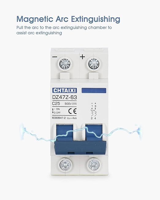 DC Miniature Circuit Breaker, 2 Pole 500V 25 Amp Isolator for Solar PV System, Thermal Magnetic Trip, DIN Rail Mount, Chtaixi DC Disconnect Switch C25