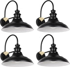 Dusk to Dawn Sensor Outdoor Barn Light Fixtures, 12.3 Inch Dome Farmhouse Outdoor Wall Sconces, Gooseneck Exterior Wall Mount Lights, Industrial Black White Wall Lanterns for Porch, DDRZ004-4 BK+WH