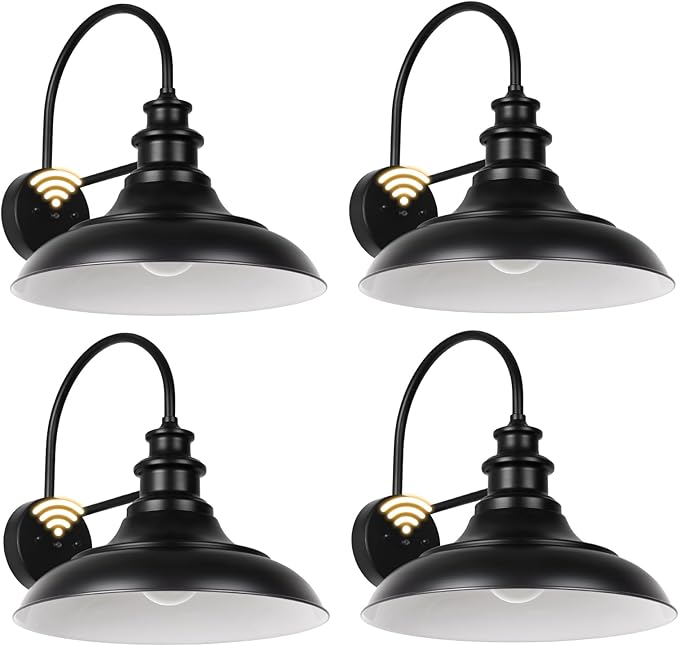 Dusk to Dawn Sensor Outdoor Barn Light Fixtures, 12.3 Inch Dome Farmhouse Outdoor Wall Sconces, Gooseneck Exterior Wall Mount Lights, Industrial Black White Wall Lanterns for Porch, DDRZ004-4 BK+WH