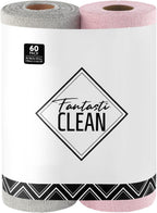Fantasticlean Microfiber Cleaning Cloth Roll -60 Pack, Tear Away Microfiber Towels, 12" x 12", Reusable, Washable, Scratch Free, Ultra Absorbent Dishcloth for Car, Home Supplies (Pink & Grey)