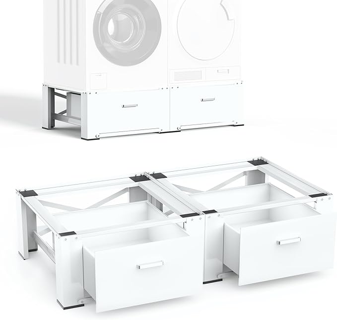SKM 2 Pack Laundry Pedestals with Drawer - 28" Washer and Dryer Stand, Steel Washing Machine Raiser for Elevation, 14.3 Inches Height, White
