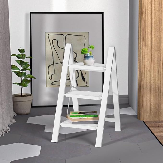 Step Ladder 3 Step Folding, Small Step Stool for Adults, Portable Anti-Slip Iron Stepladder with Wide Pedals for Home and Kitchen Use, Space Saving - White (300 lbs)