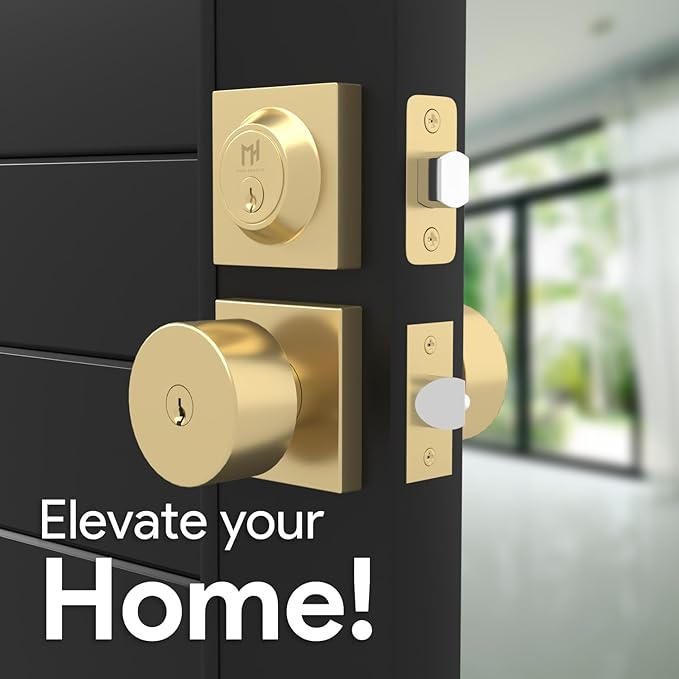 Mega Handles SUANA Entrance Combo, Door Knob and Cylinder Deadbolt and Key Combo, Heavy Duty Locking Door Knobs for Left or Right-Handed Doors – Satin Brass