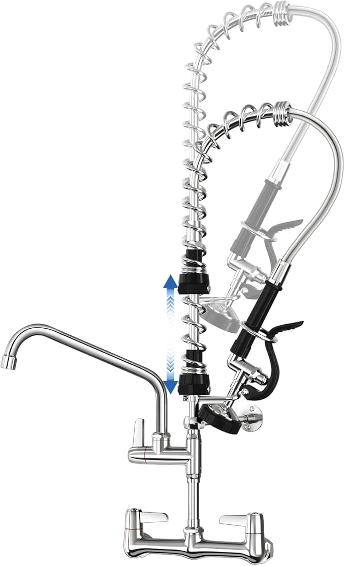 Height Adjustable Commercial Sink Faucet: BESTJEEF (25-32 inch) 8 inch Center Wall Mount Industrial Kitchen Faucet with Pre Rinse Sprayer - Ideal for Restaurants Cafes Bakery Canteens Cafeterias