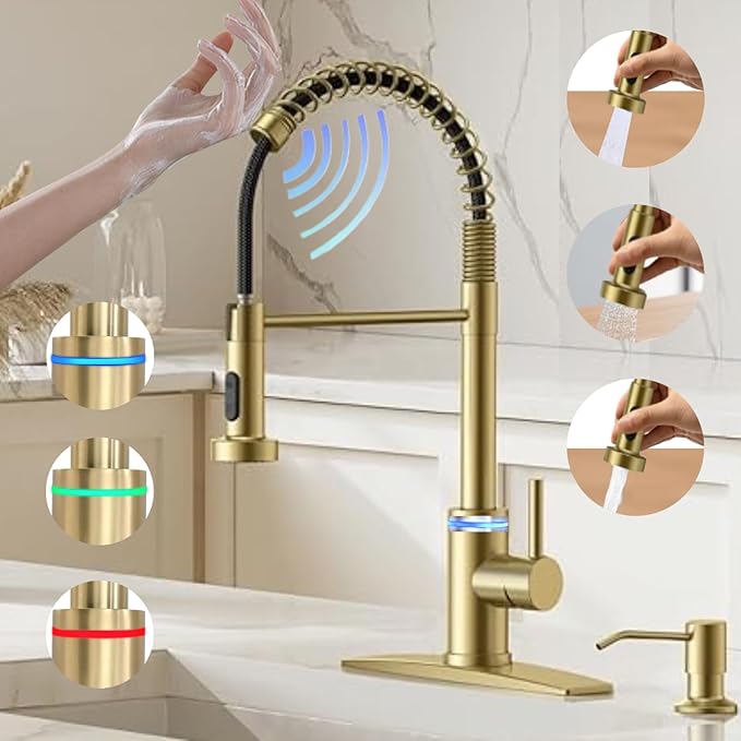 Smart Kitchen Faucet, 3 Modes Pull Down Sprayer, Touch On Sensor Activated, LED Temperature Control, 360-Degree Rotation, 1 or 3 Hole Deck Plate. 10-Year Warranty. (KW-66J, Brushed Gold)