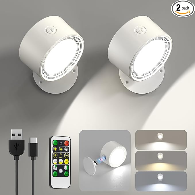 LED Wall Sconces 2 Pcs with Remote, Wall Mounted Lights Rechargeable Battery Operated, 3 Color Temperatures & Dimmable Wall Lamp Magnetic 360° Rotation Light for Bedroom Living Room